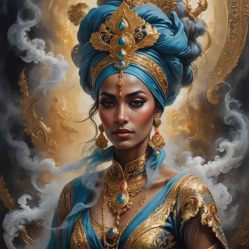 Genie Emerges from Smoke: Surreal Oil Painting