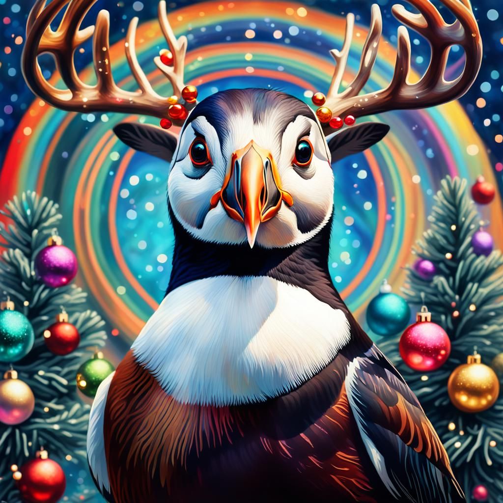 Surrealist Father Christmas Psychedelic puffin bird with deer antlers on their head lots of snowflakes falling around it