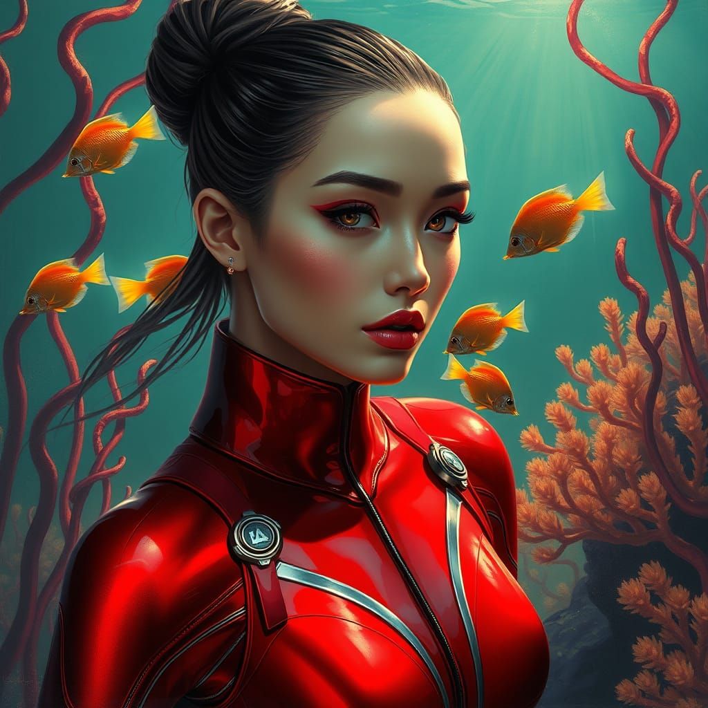A Lady free diver portrait in a red divesuit