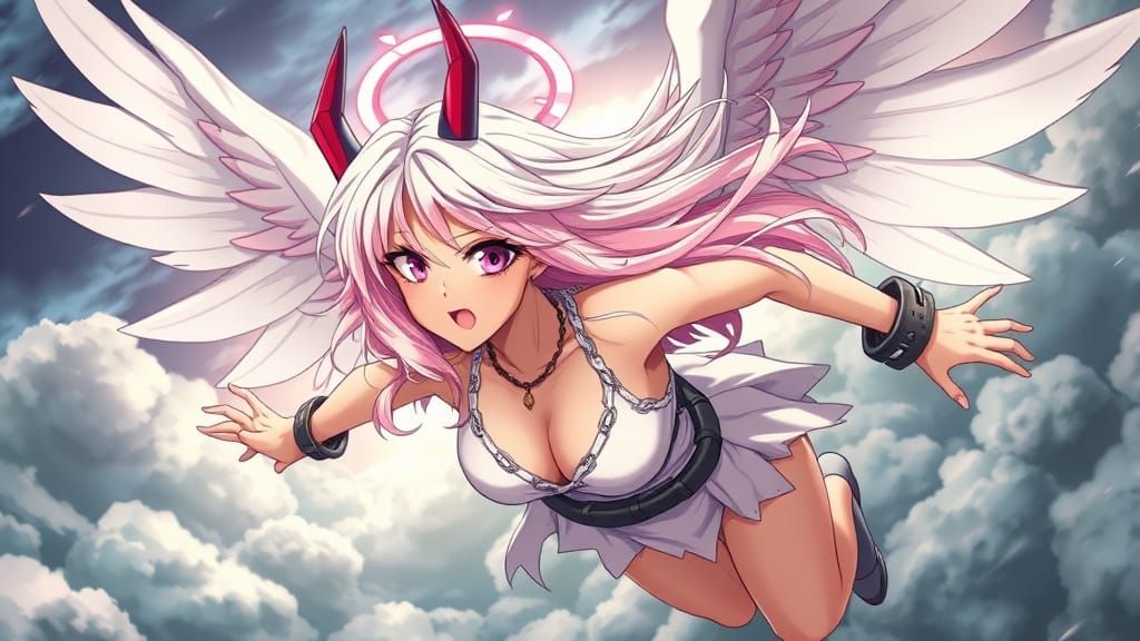 Anime Angel Descending Through Stormy Clouds