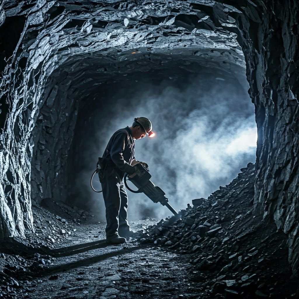 in a deep mine a miner covered in coal dust with a jackhammer in his hands extracts coal  by @Likvi