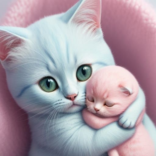 Baby's Heartwarming Embrace with Kitten in Pastel Colors
