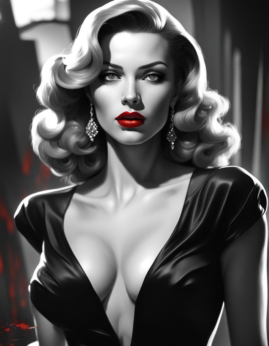 Photo of a 1950's Film Noir Femme Fatale in Black and White, her Lipstick is Bright Red, full body photo