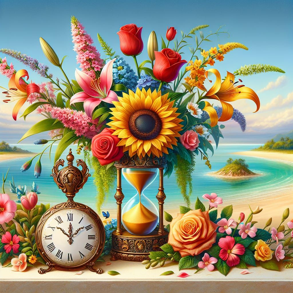 Flowers, Hourglass and Island Beach Scene