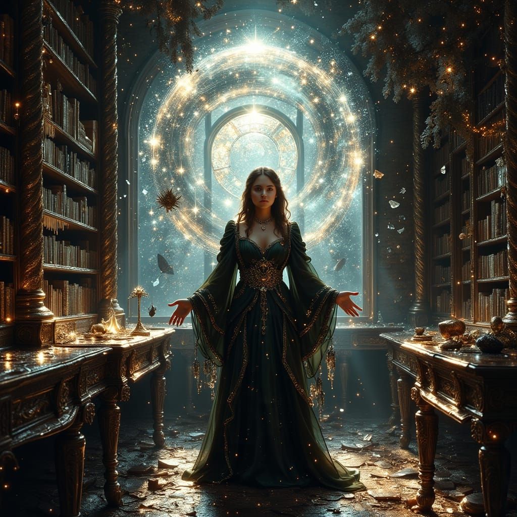 <lora:Exquisite Flux:1.0> A young sorceress, adorned in richly embroidered gothic robes, conjures a swirling vortex of celestial energy abov...