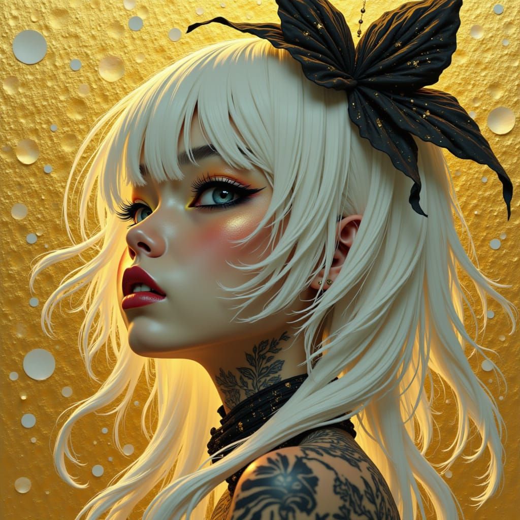 <lora:Gold Black flux:1.0>  Close-up of an albino retropunk asian girl, in the style of James Jean, Moebius and Kirby. Detailed illustration...
