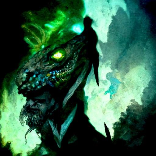 Humanoid Dragon. Green scales. beard. wizard. face. warm col...