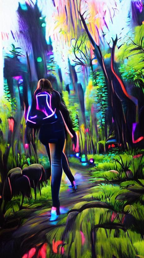 Girl walks through dark black light glowing neon forest land...