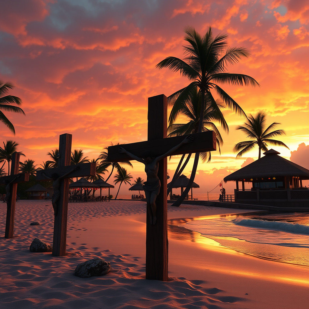 A beautiful wide-angle shot of a tropical beach at sunset.  ...