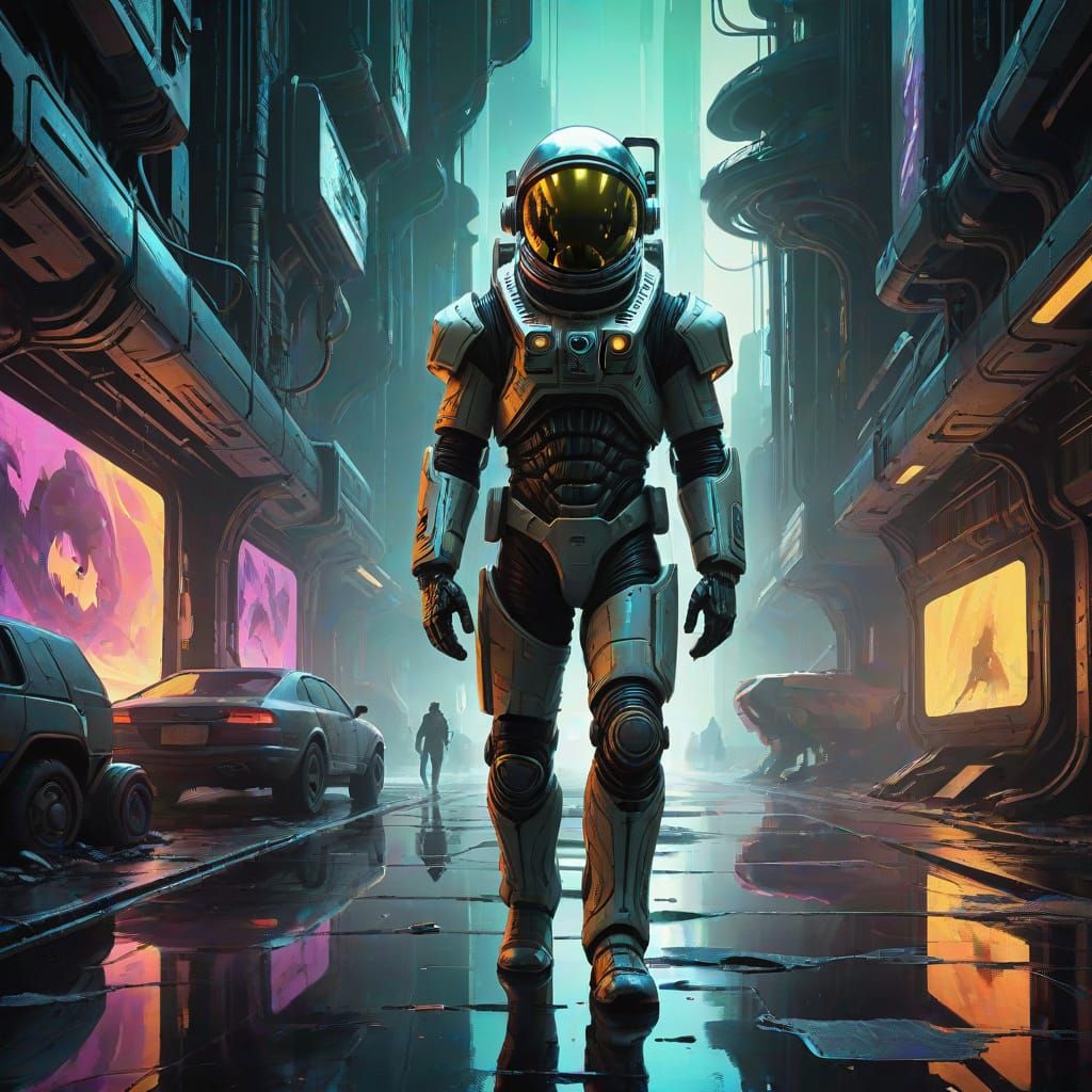 Futuristic Astronaut in Neon-Lit Cityscape, Melting Oil Goua...