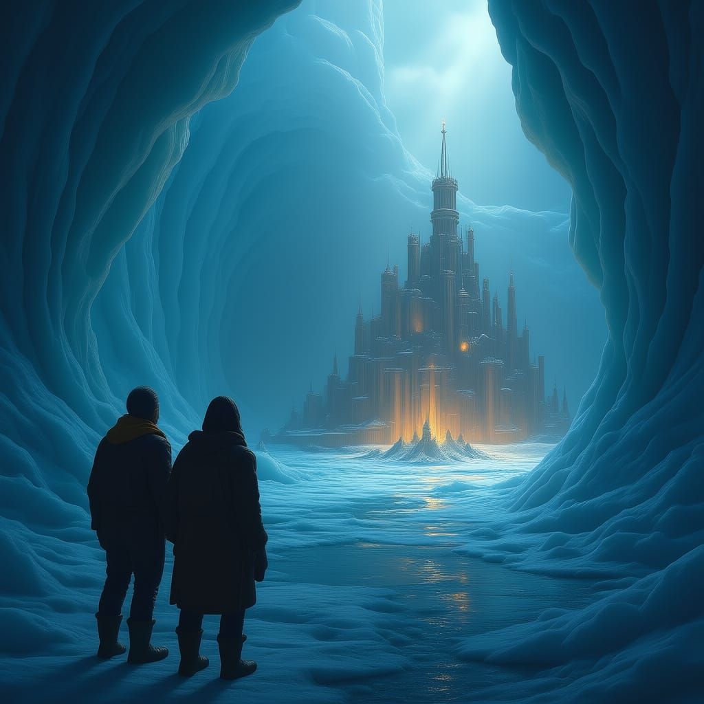 A long forgotten city thought lost to the ages is found under the icepack in the arctic. A crew in a looks at this lost Viking city in awe as the light from the sun shines on it.