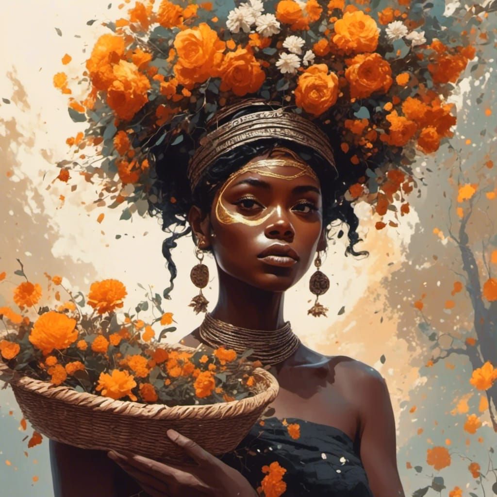 <lora:eye:1.0> Black tribal woman with a basket full of flow...