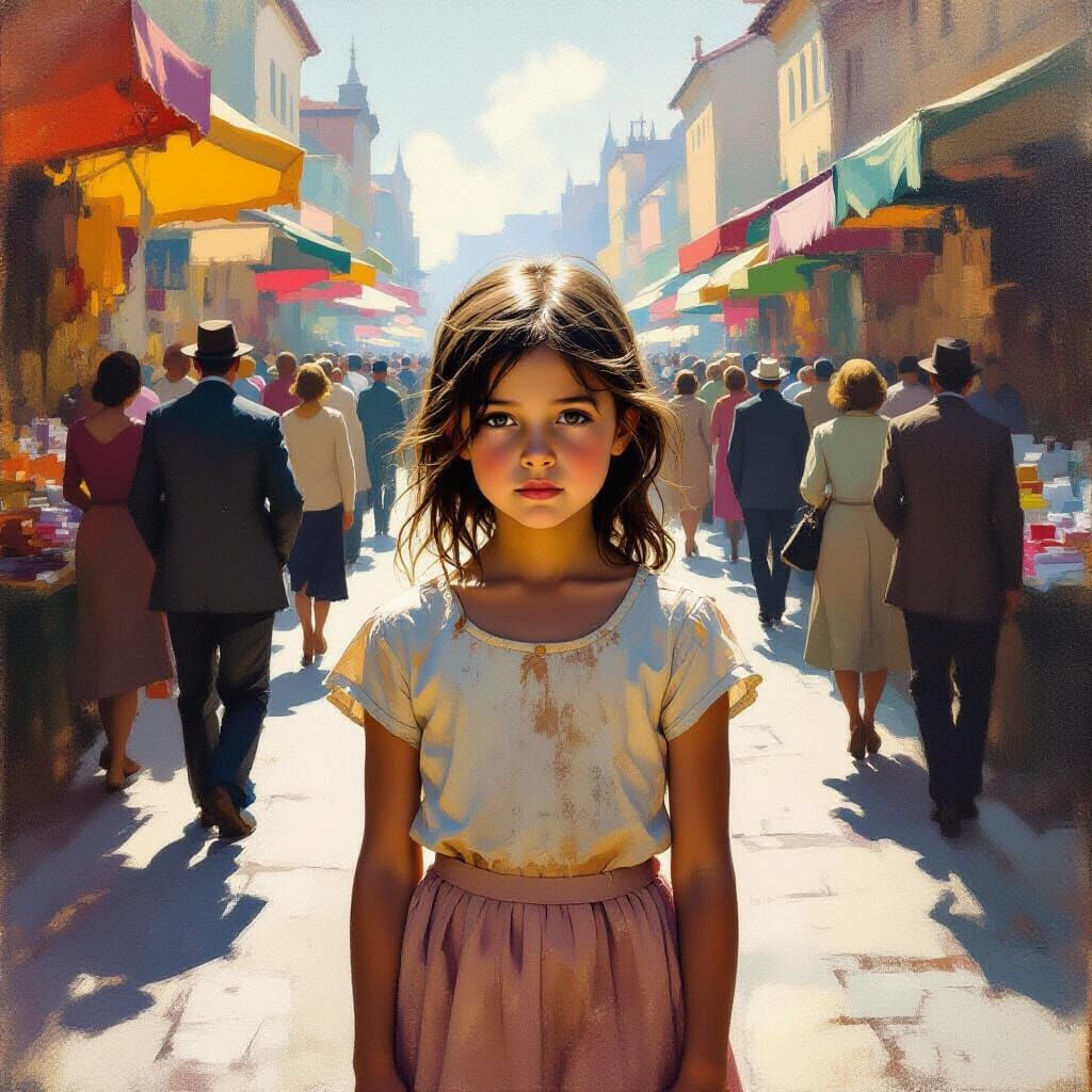 Girl Ignored in Bustling Marketplace, Neo-Realist Style