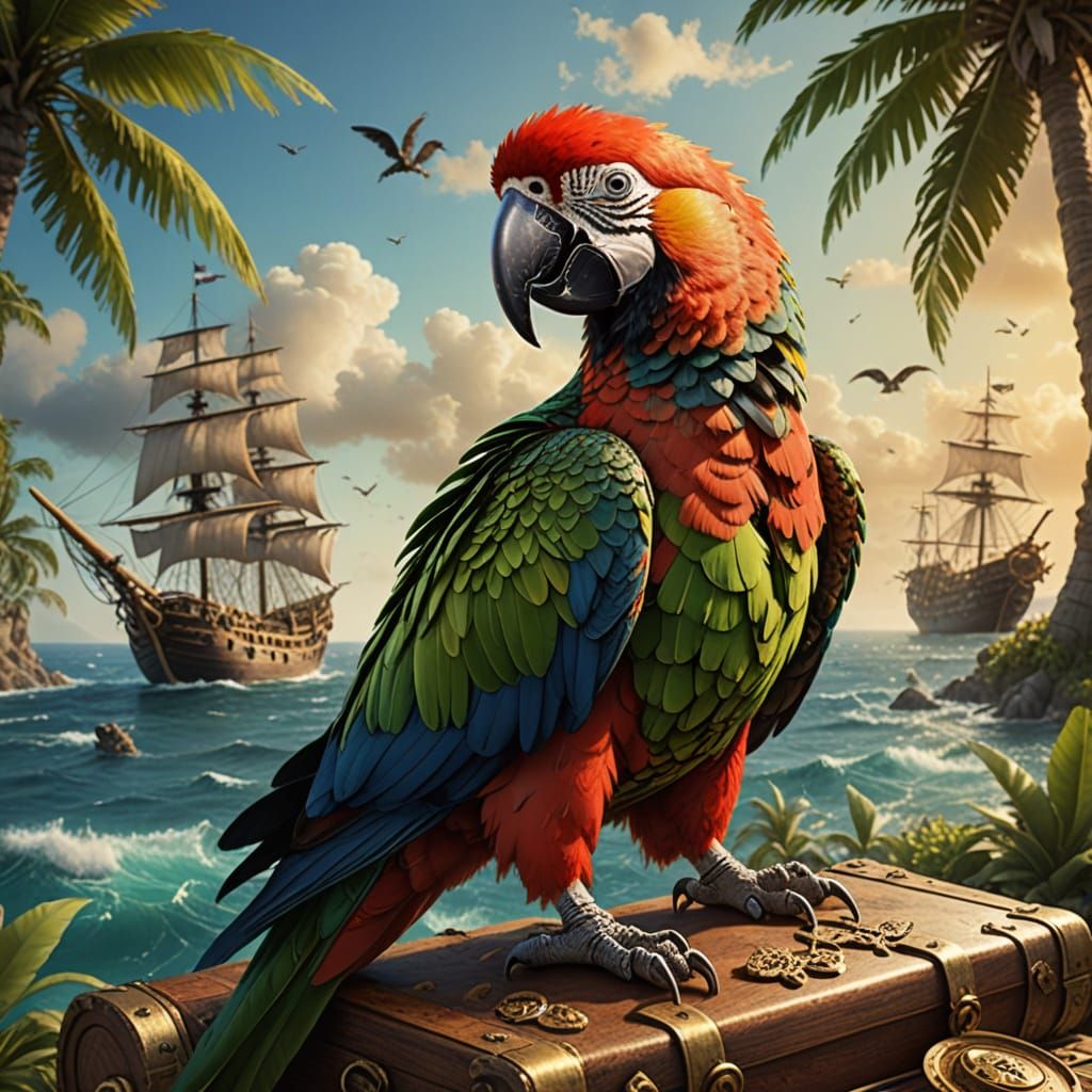 Pirate Parrot Amidst Tropical Treasure Map