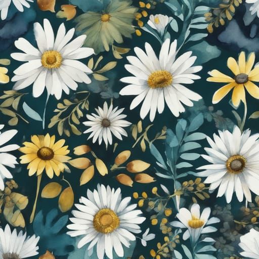 White and Yellow Daisies Against Dark Teal Background