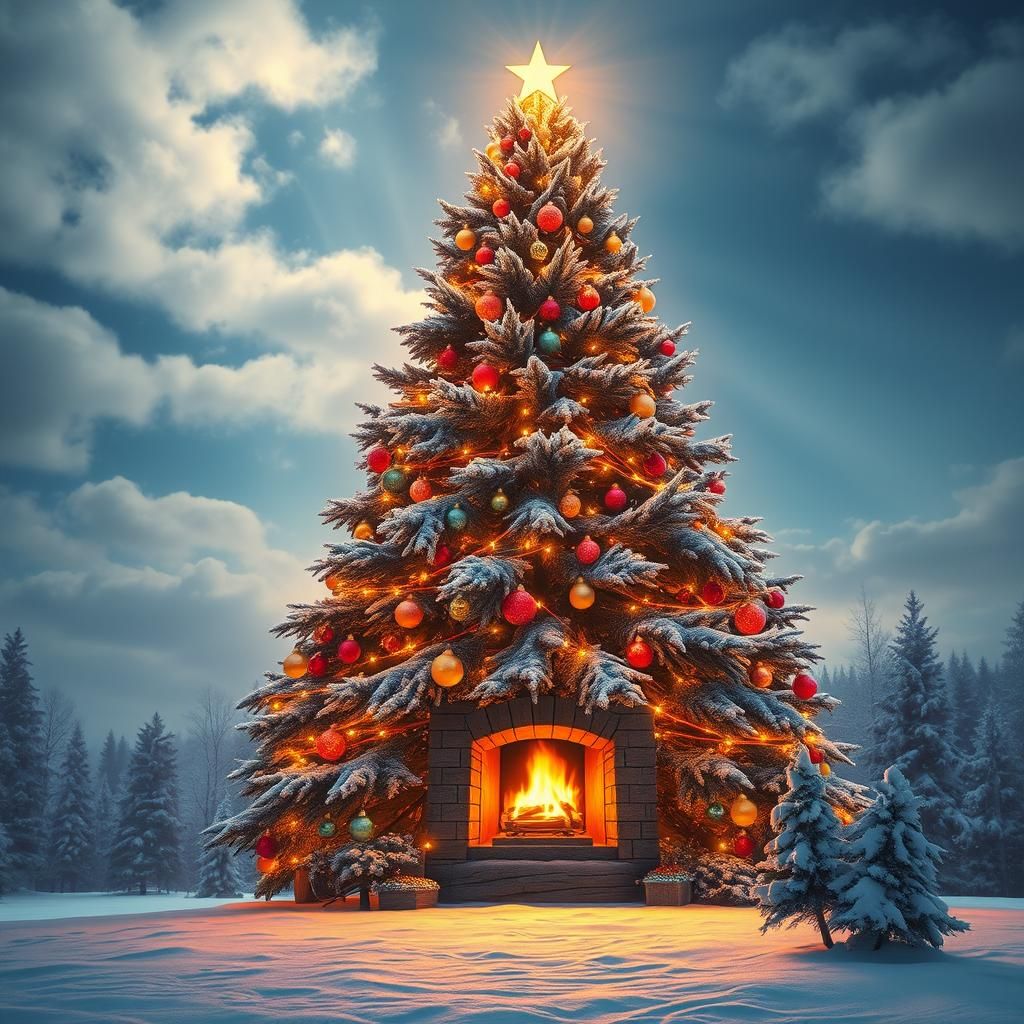 a mix between a giant Christmas tree outside with a fireplace in the stomp. Beautiful snowy night. Christmas ornaments on the tree branches....