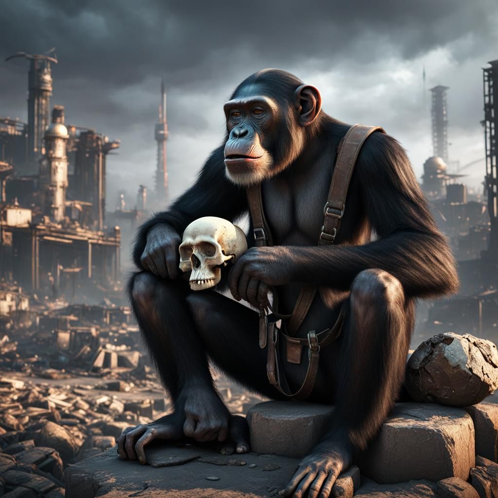 A Chimpanzee sitting in a post apocalyptic desolate city hol...