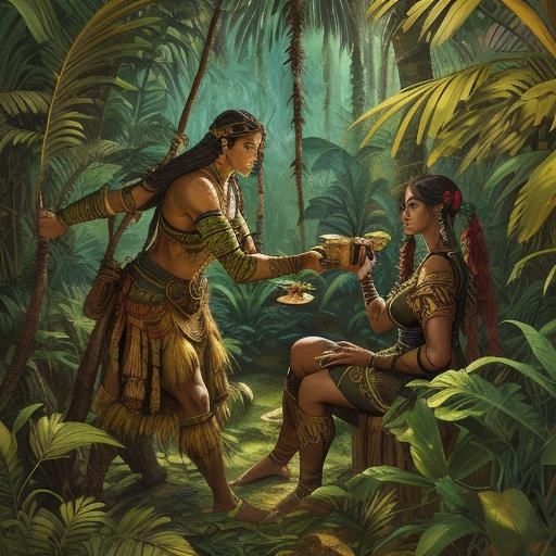 Amazon Warrior Giving Gift in Jungle Oil Painting
