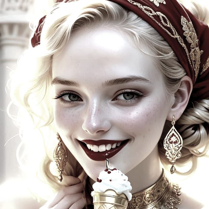 Close-up of a lovely pale girl licking her big icecream. It looks like a painting of Jan van Eijck so she wears a red tulband in her hair. S...