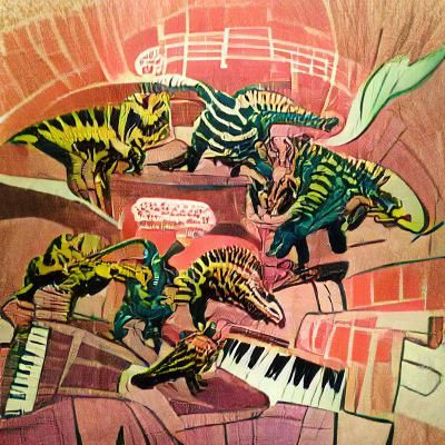 Spinosaurus jazz quartet, style of jack kirby art
