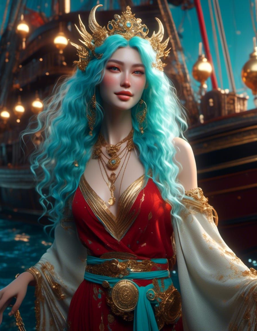 <lora:StrikingAnimation:1.0> "queen of the sea with long pastel cyan hair smiling wearing red gold flowy robe on a ship twinkling light seas...