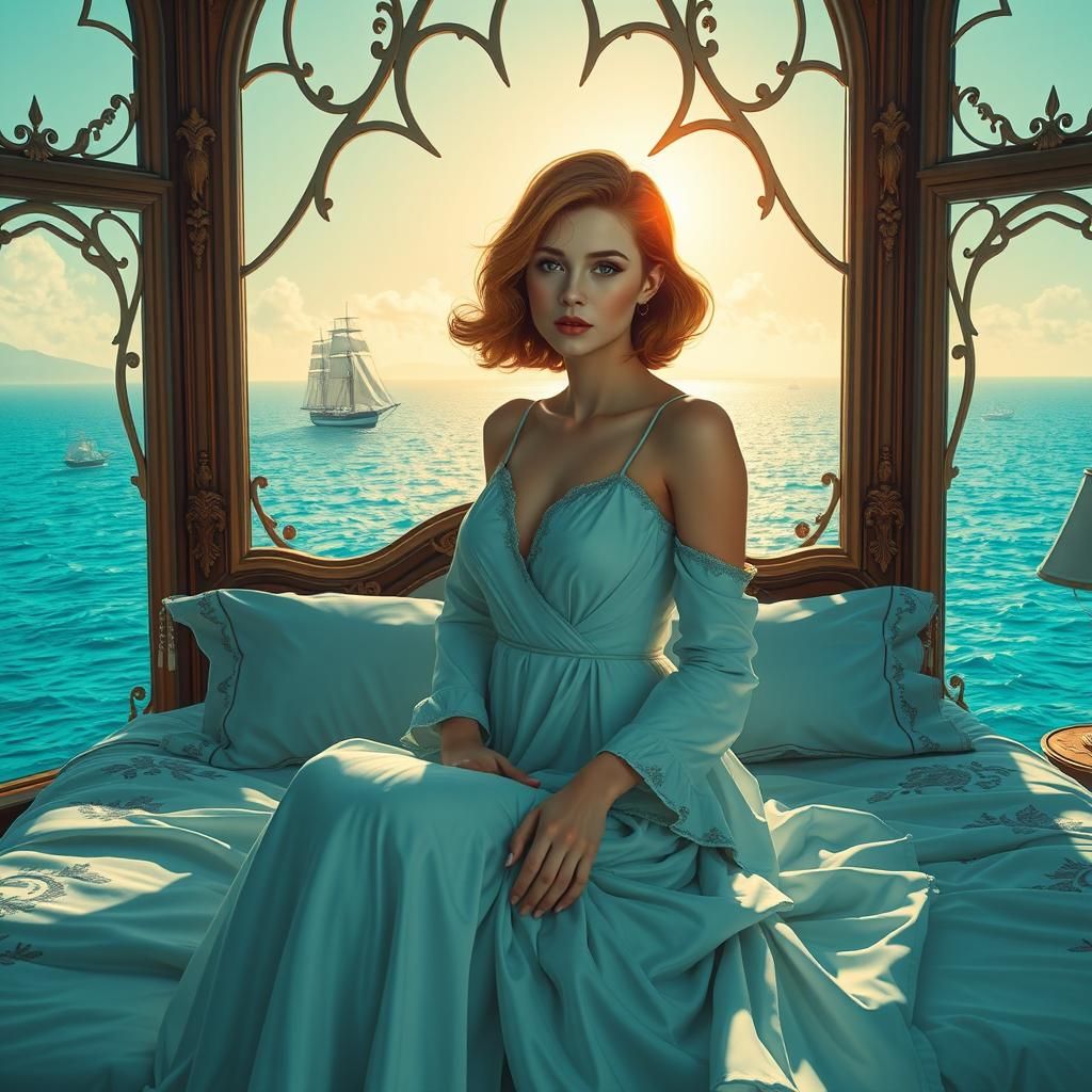 Uma mulher linda em um penhoar transparente  então deitada em uma cama rústica com um dossel, em frente uma janela enorme com uma luz diáfan...