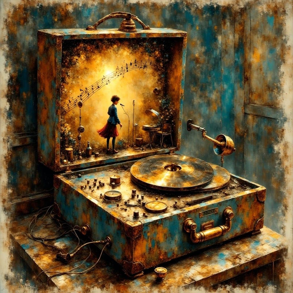 Singer Inside Tape Recorder, Whimsical Illustration Style