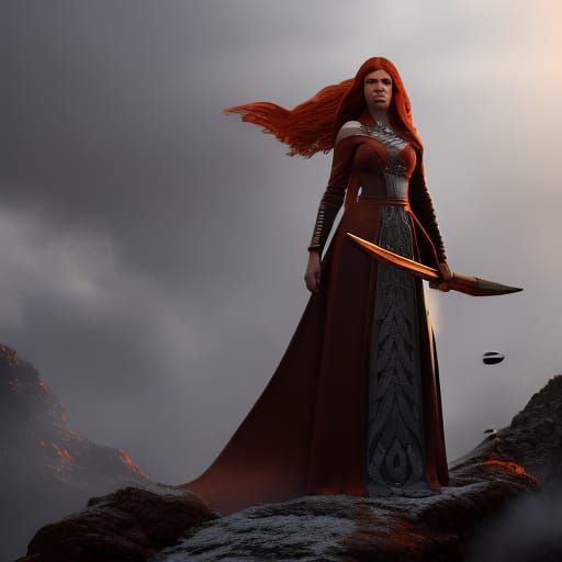 a tall red haired woman blocking a wave of fire with a shiel...