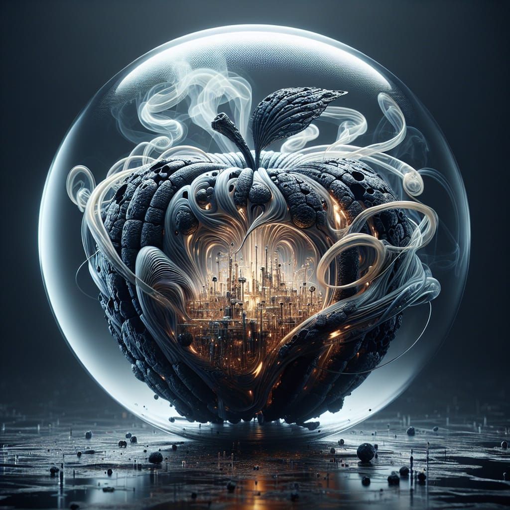 Encapsulated inside a pristine glass orb is an otherworldly apple built from interlocking plates of obsidian ...  by @morr5750