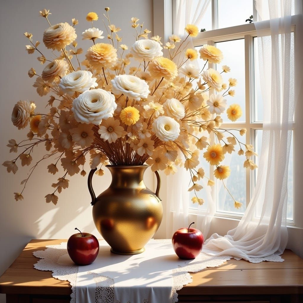 <lora:Still life Intensity:1.0> Hazy watercolor alcohol ink painting glowing brass vase with glittering brass and gold metallic flowers and...