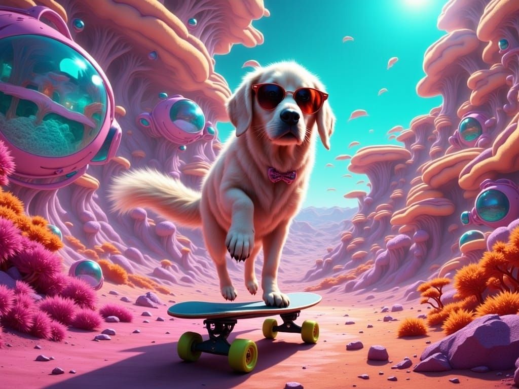 white golden retriever riding a skateboard.

the dog is wearing sunglasses.

detailed matte painting, deep color, fantastical, intricate det...