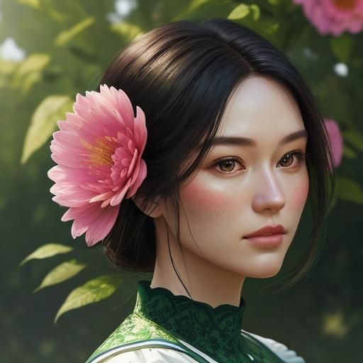 she lives a rural life. a lot beauty flowers and green tree,...