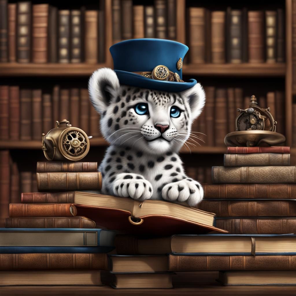 Steampunk Snow Leopard sitting on books in detailed Tibetan ...