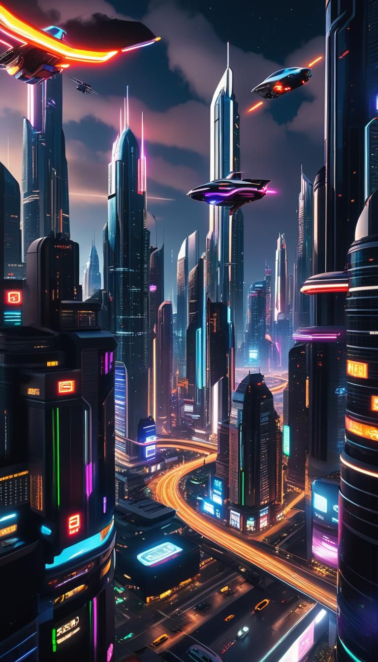 Futuristic Cityscape with Flying Cars and Neon Lights