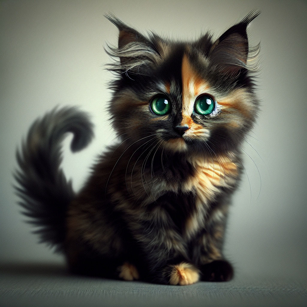 A fuzzy tortoiseshell kitten with green eyes