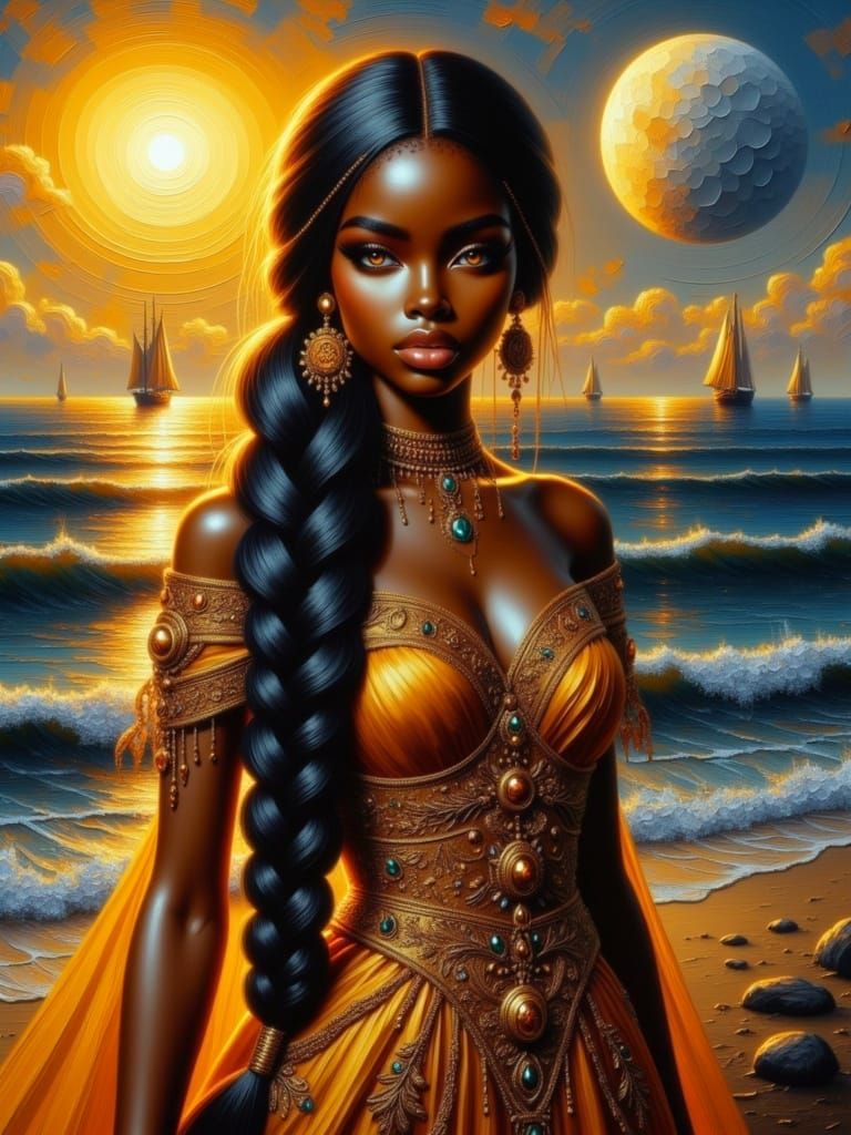 <lora:Braided Echoes:1.0> A regal witchy goddess with long braided hair glowing in moonlight, standing at the edge of a stormy sea. Golden s...