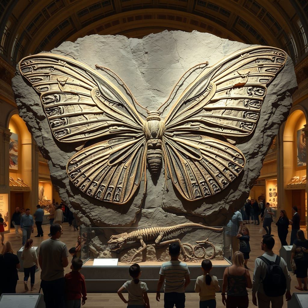an embossed image of fossilized gigantic butterfly in massive ancient stone slab in the center of the ...  by @Starzie