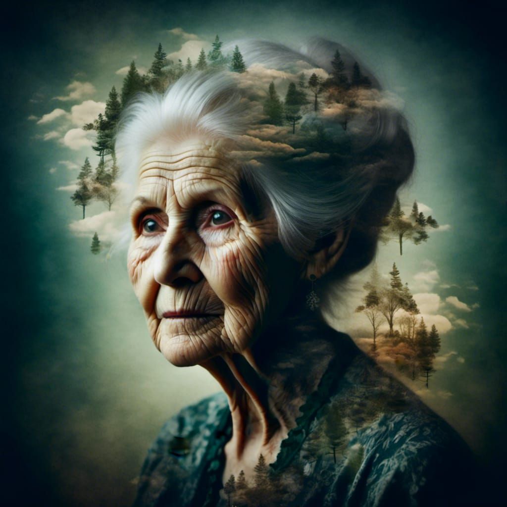 <lora:Memories:1.0> double exposure art, portrait of old woman, inside a memory of a young man