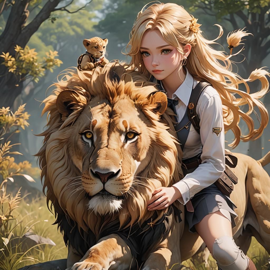 Lion with a young girl