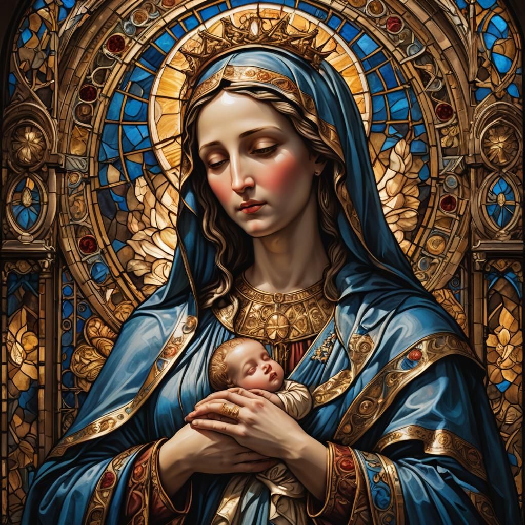 Virgin Mary and Jesus, Matte Painting in Golden Light