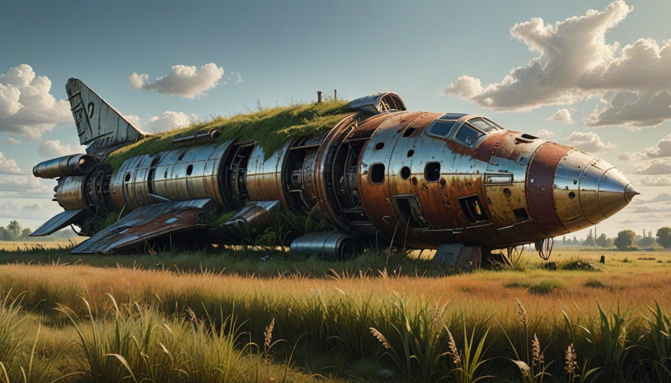 The  rocket ship Raven sits abandoned in a field of tall grass, slowly being reclaimed by nature. Rust and decay cov...