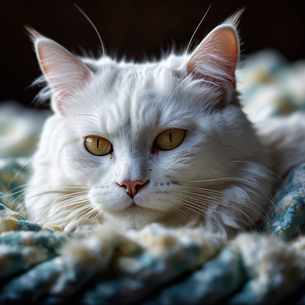 Serene White Cat in Plush Bed