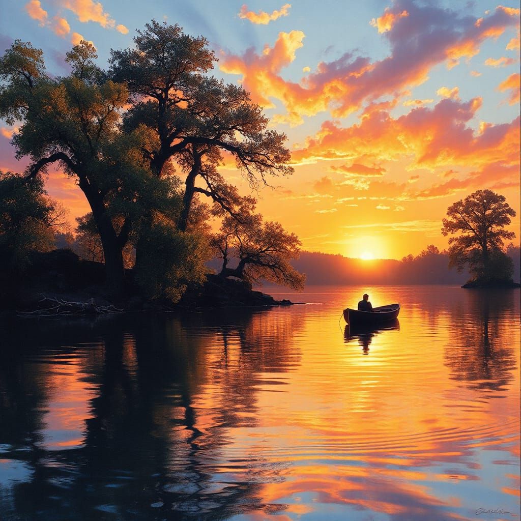 A serene landscape painting of a tranquil lake at sunset, with vibrant colors reflecting on the water's ...  by @undefined
