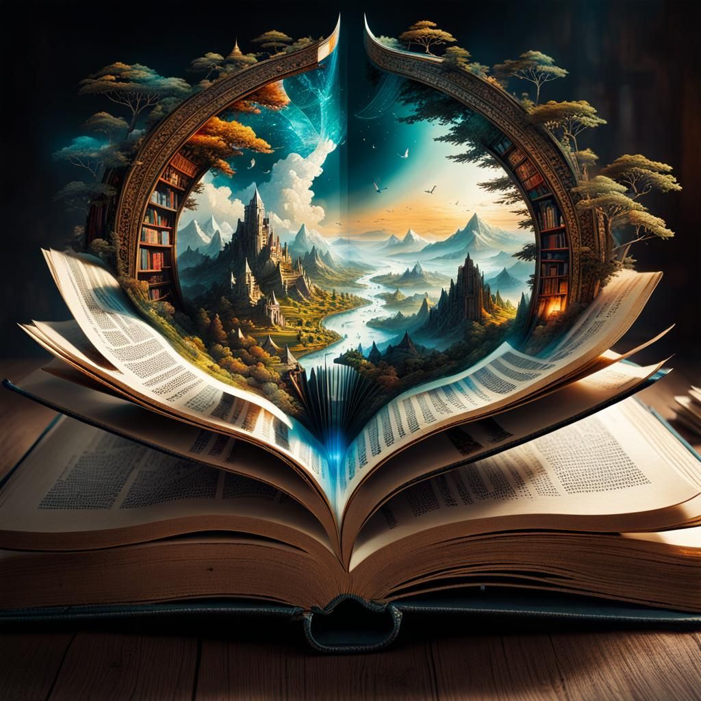 "centered open book with beautiful fantasy world emerging fr...