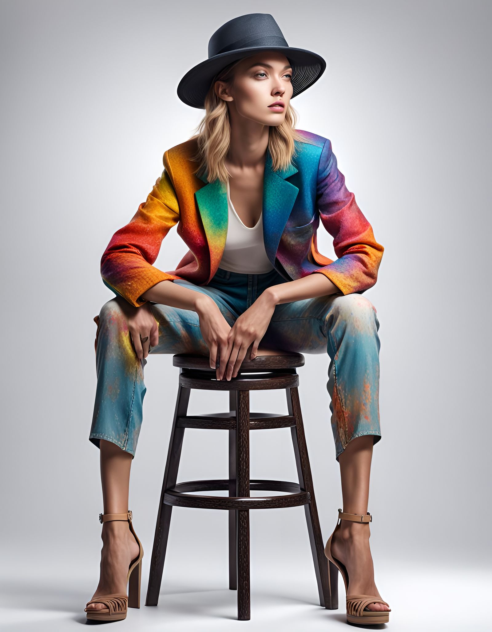 fashion model wearing hat and sitting on stool at white back...