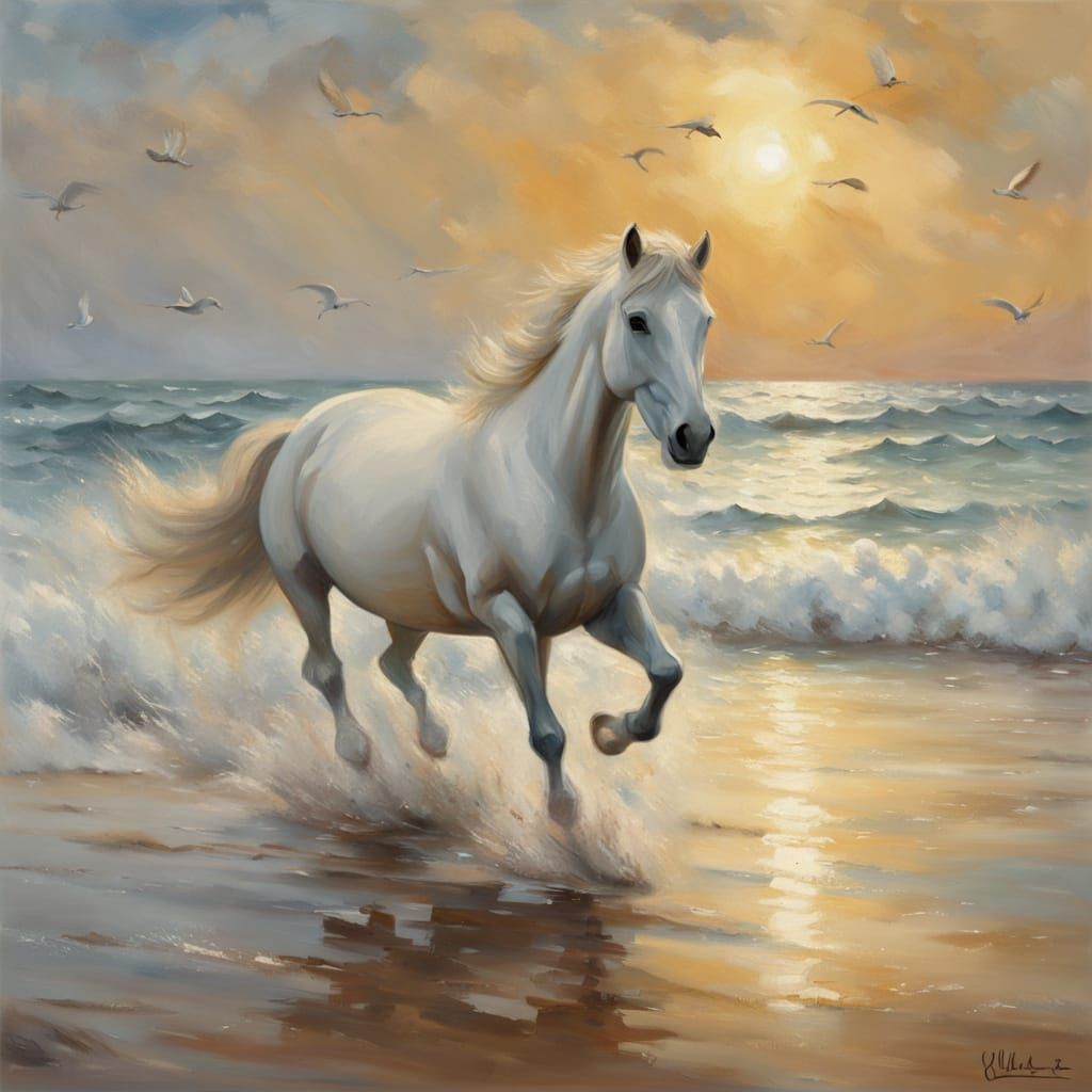 White horse galloping along the beach   by @Al_in_Tanzania