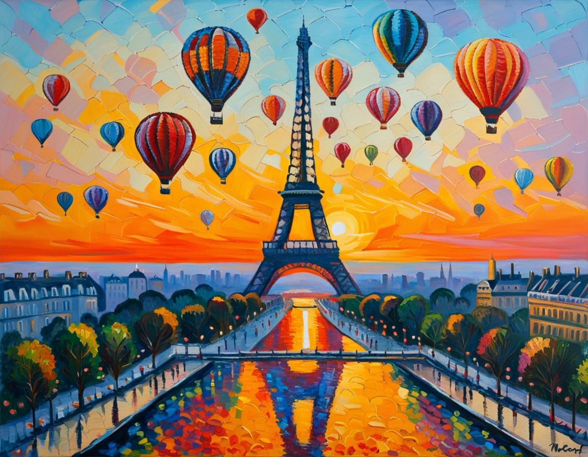 Hot Air Balloons in France, Artist Proof, Unknown Artist, Colorful Giclee popular Print, Street Scene and French Flags, Whimsical Cityscape