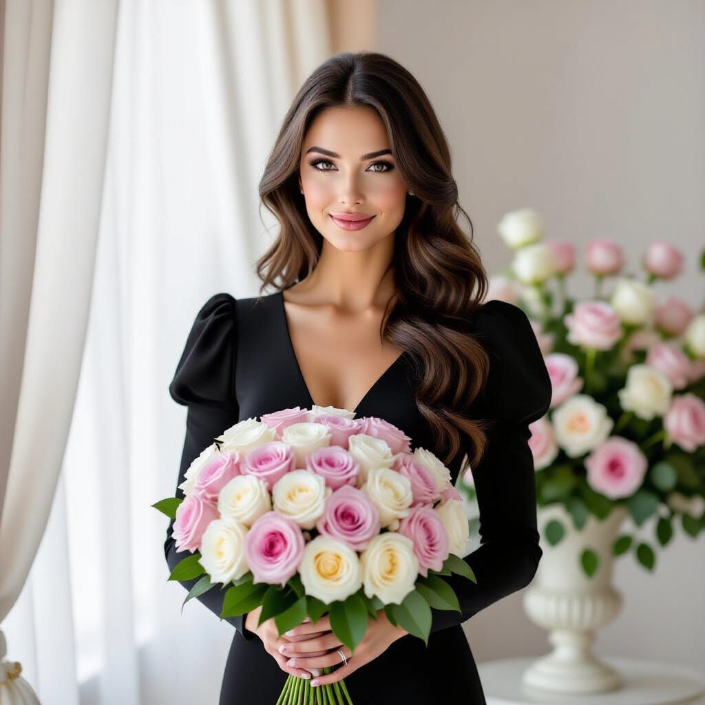 Elegant Woman with Rose Bouquet in Softly Lit Room