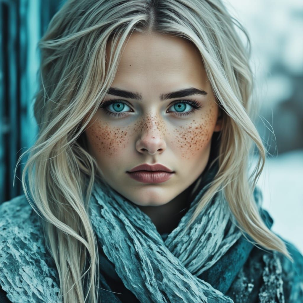 Dreamy Winter Portrait with Striking Blue Eyes