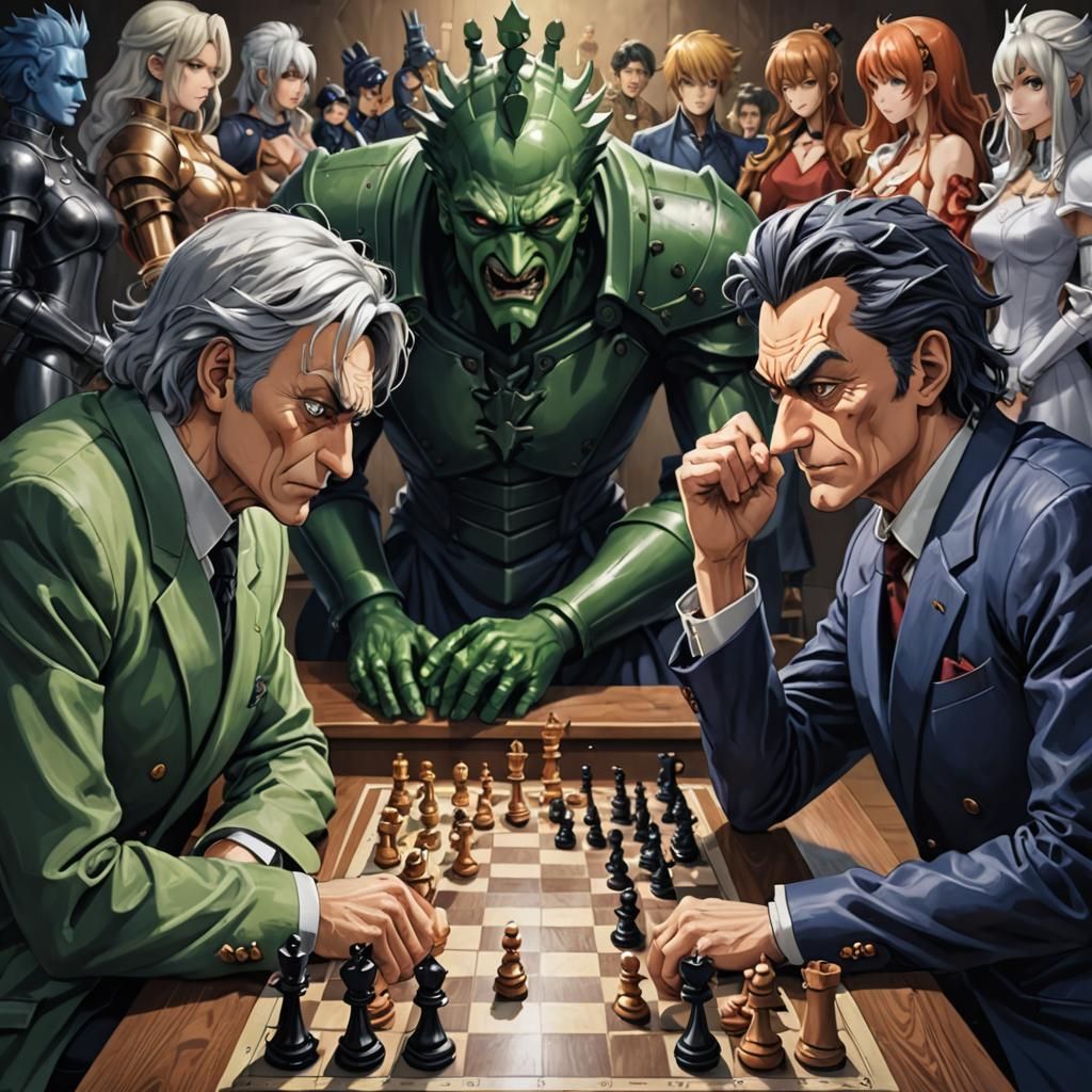Intense chess game between two well-known popular anime villains, comedic anime art, over the top stare ...  by @morr5750